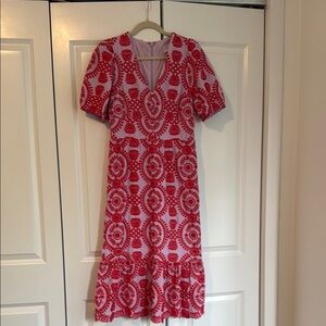 Adelyn Rae Pink and White Puff Sleeve Midi Dress